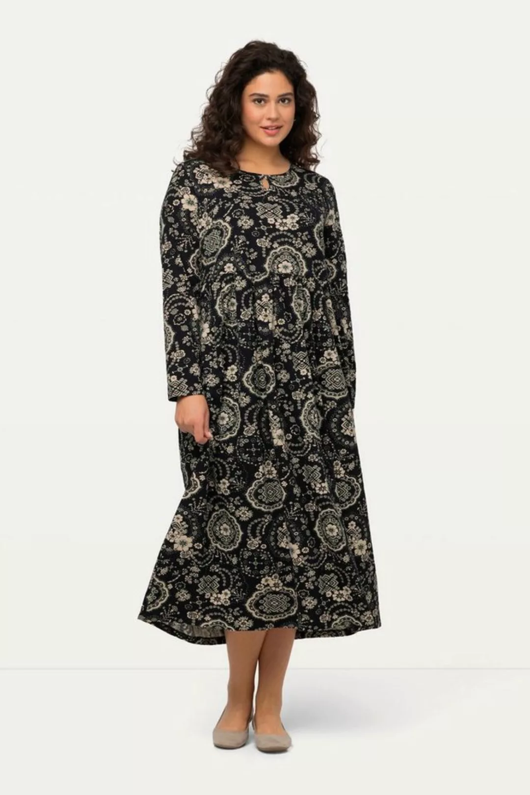 Ulla Popken Sommerkleid Jerseykleid A-Linie Rundhals Keyhole Langarm günstig online kaufen