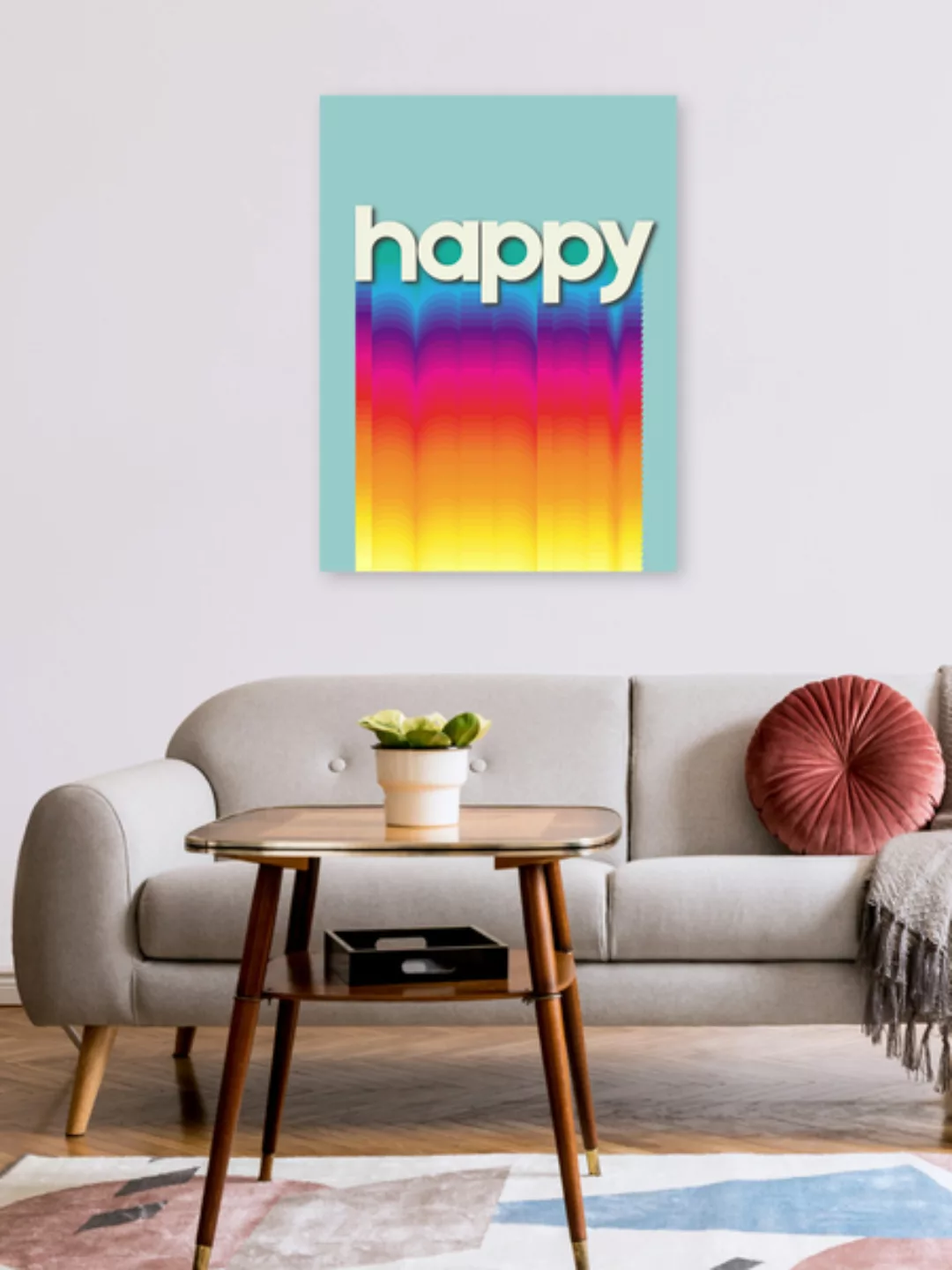 Poster / Leinwandbild - Happy - Retro Rainbow Typography günstig online kaufen
