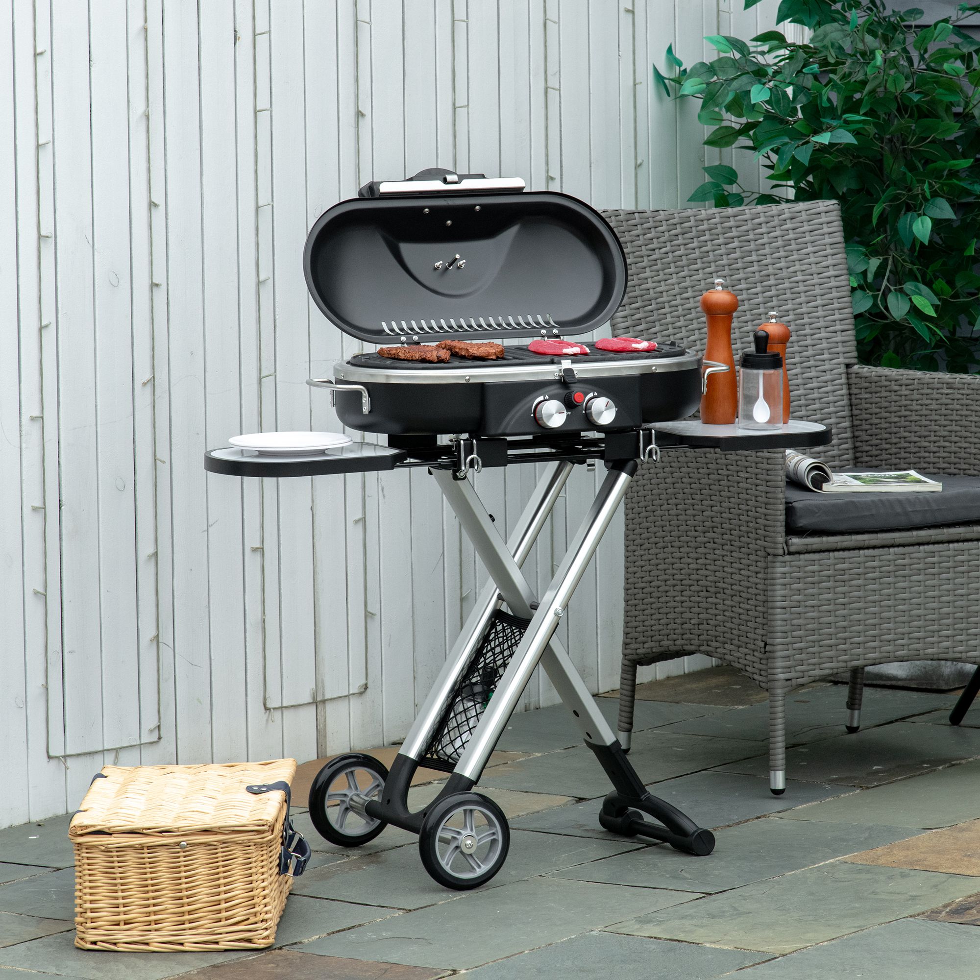 Outsunny Gasgrill BBQ Grillwagen klappbar mit 2 Brennern und Grillnetz, Ede günstig online kaufen