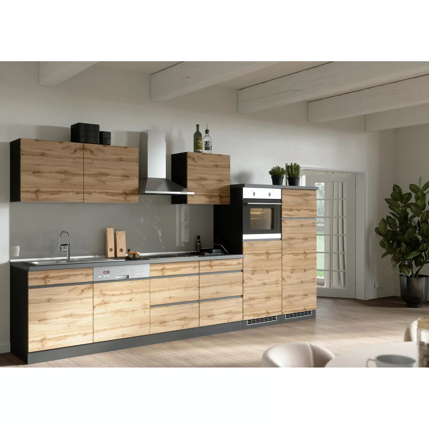 Held Möbel Küchenzeile/Küchenblock Turin 360 cm Wotaneiche-Graphit ohne E-G günstig online kaufen