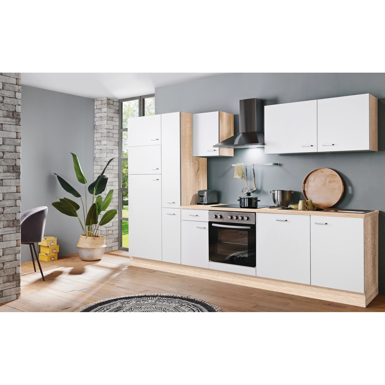 Menke Küchenzeile Classic 300 cm Weiß-Sonoma Eiche Nachbildung günstig online kaufen
