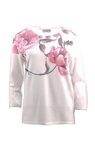 Passioni 3/4 Arm-Pullover Weißer Pullover mit pinkem Blumenprint und perfor günstig online kaufen