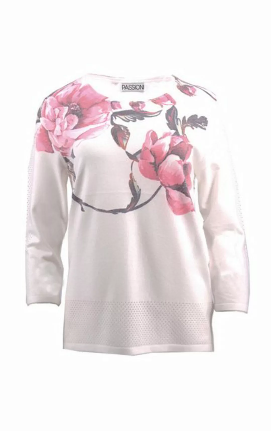 Passioni 3/4 Arm-Pullover Weißer Pullover mit pinkem Blumenprint und perfor günstig online kaufen