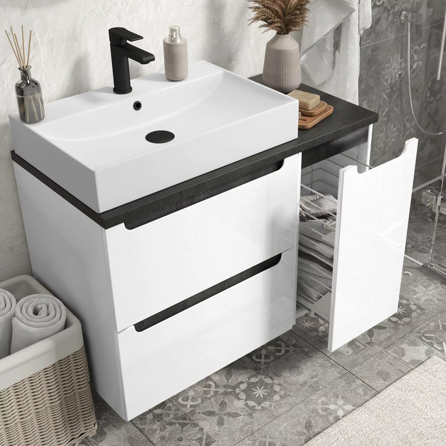 Waschtisch Set mit 60cm Keramik-Waschbecken und Wäscheauszug SOFIA-107 Hoch günstig online kaufen