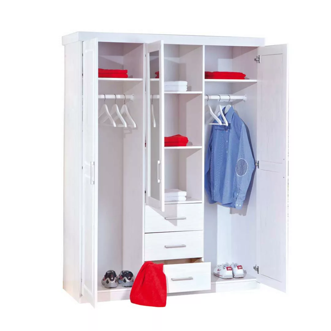 Schlafzimmer Kleiderschrank in Weiß Kiefer massiv einer Spiegeltür günstig online kaufen