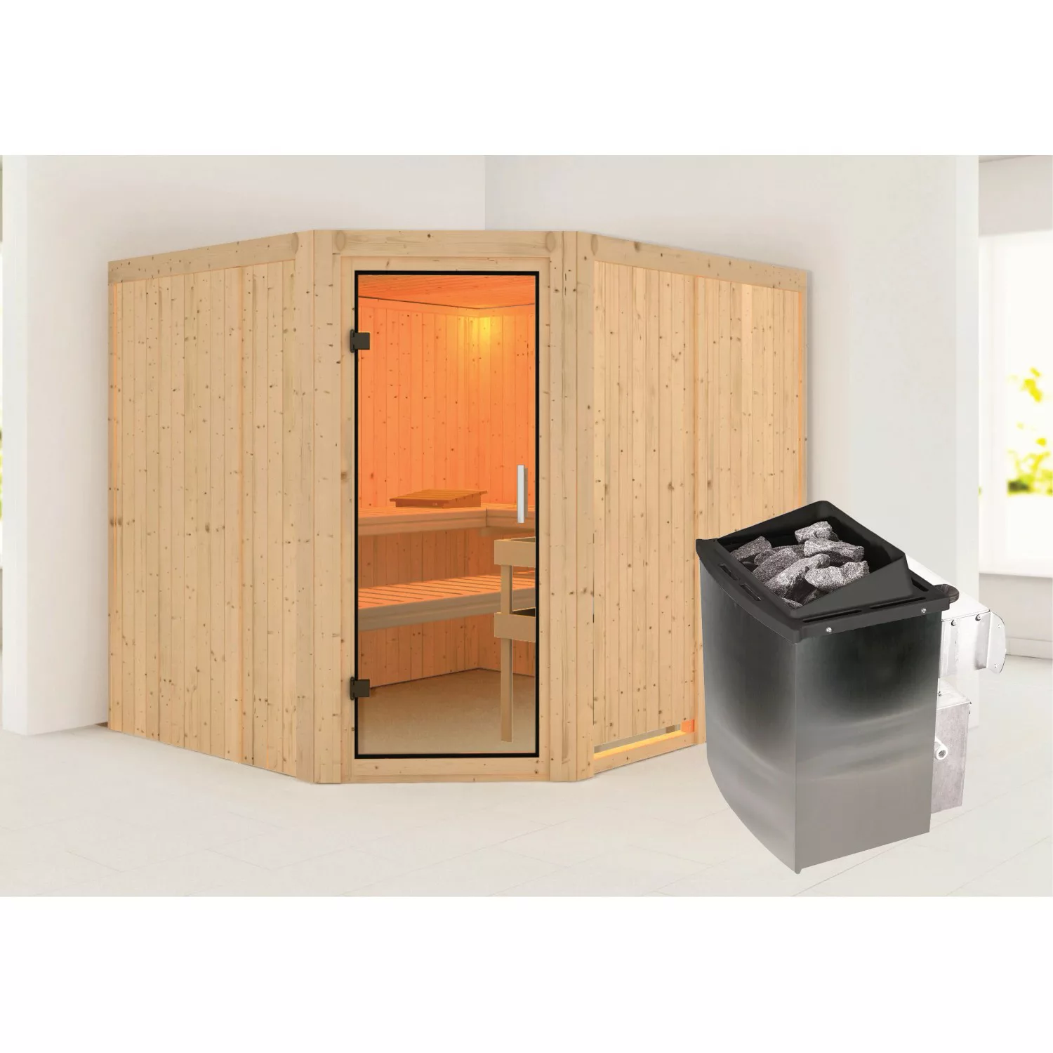 Karibu Sauna mit Ofen integrierte Stg.Natur günstig online kaufen