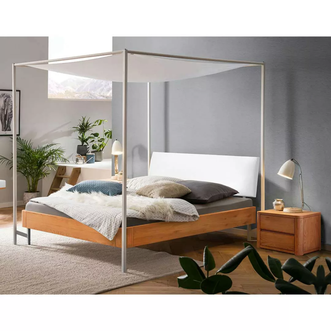 Himmel Bett mit Baldachin im Skandi Design Eiche Massivholz und Metall günstig online kaufen