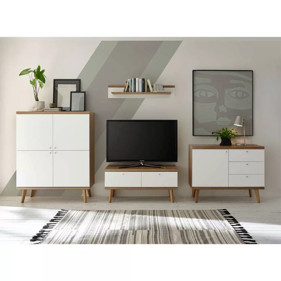 Wohnzimmerwand in Weiß und Eiche Skandi Design (vierteilig) günstig online kaufen
