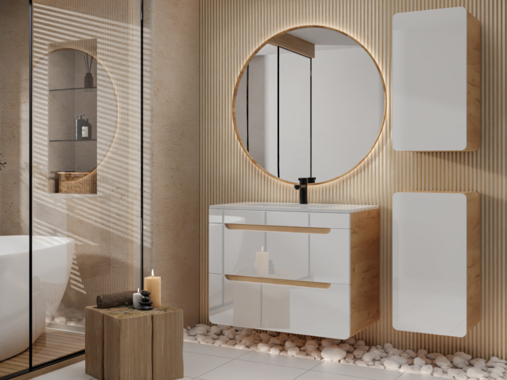 Komplettbad mit Einzelwaschbecken - B. 80 cm - Naturfarben & Weiß - ARUBA günstig online kaufen