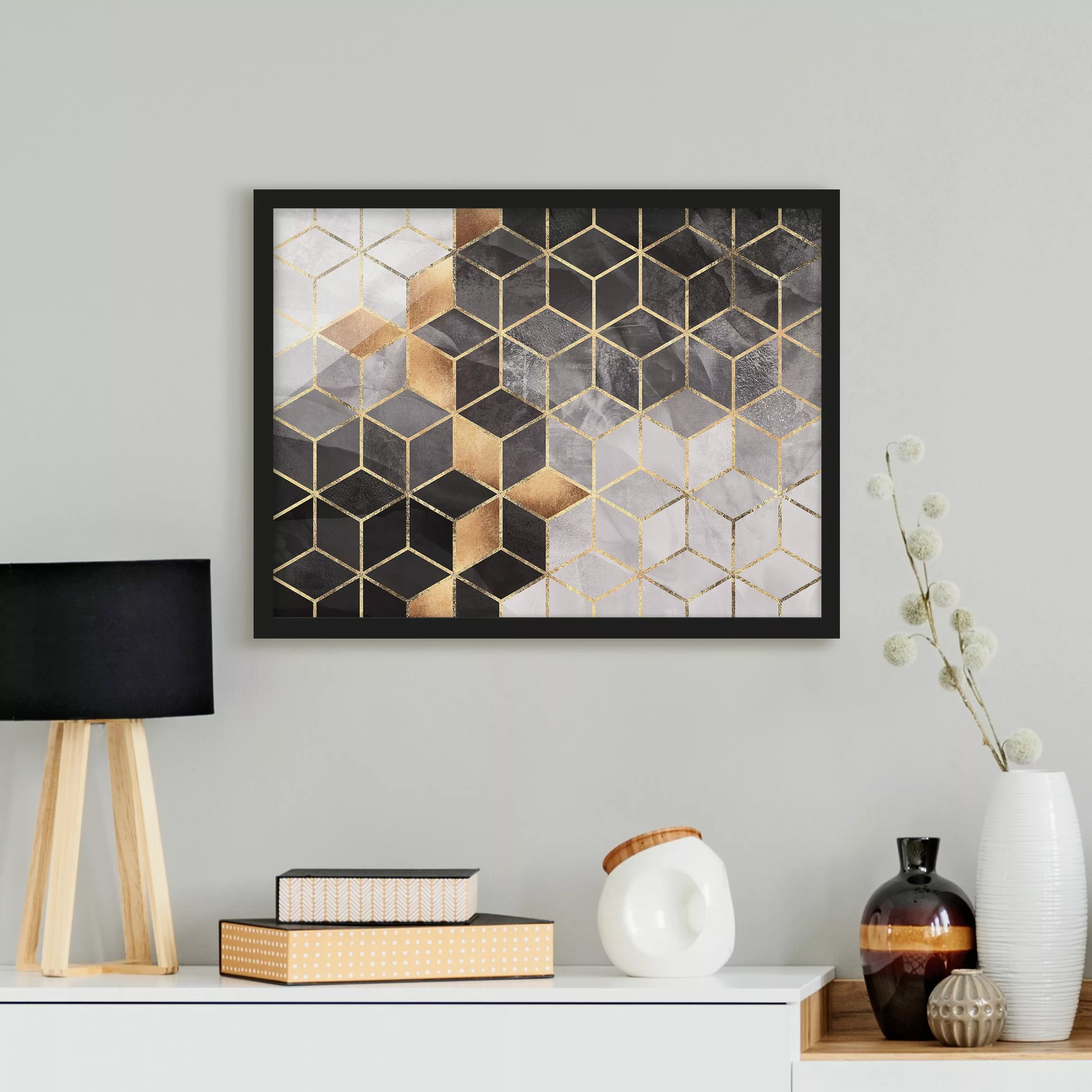 Bild mit Rahmen Abstrakt - Querformat Schwarz Weiß goldene Geometrie günstig online kaufen