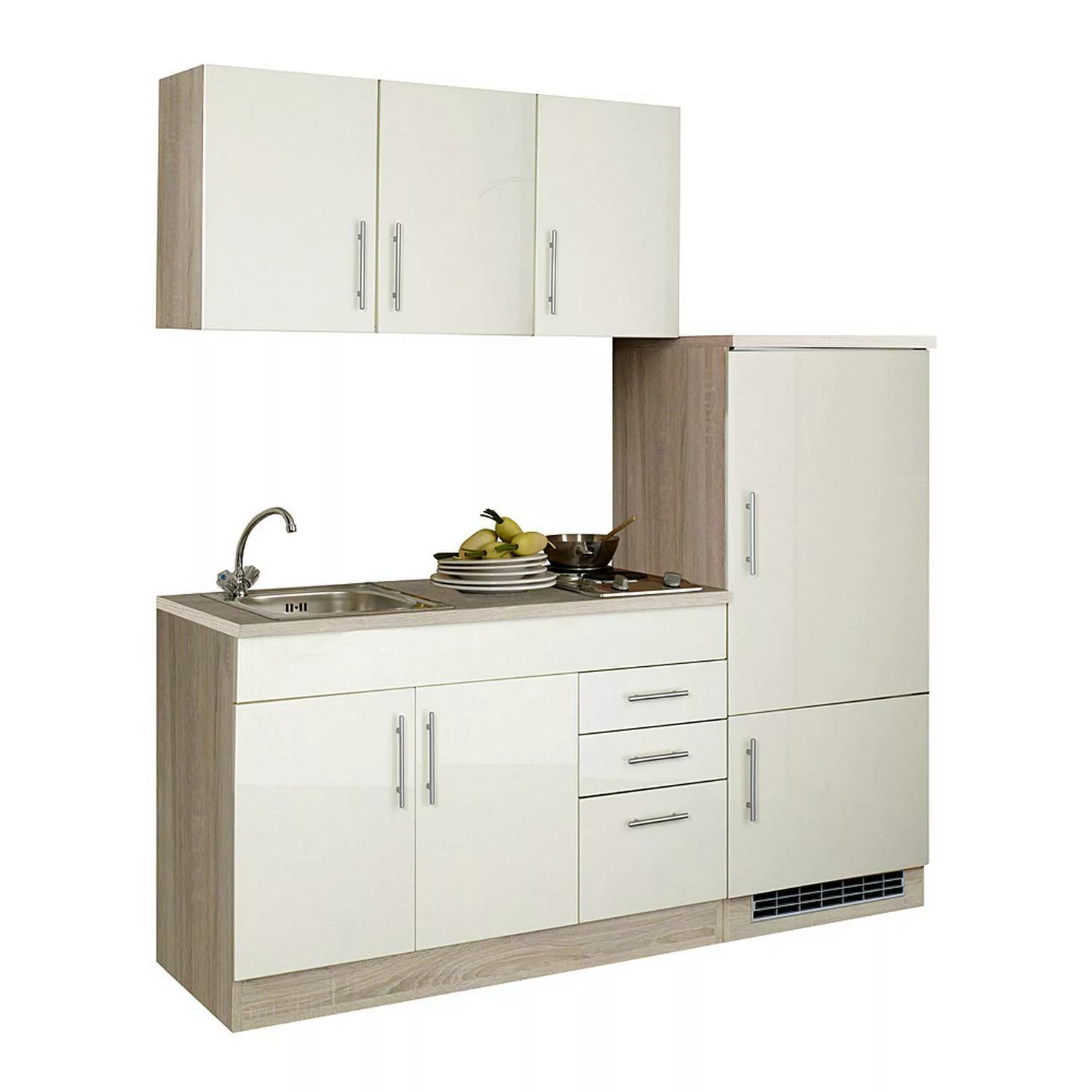 Single-Küchenzeile mit Kühlschrank 180 cm TERAMO-03 Hochglanz Creme/Eiche-S günstig online kaufen