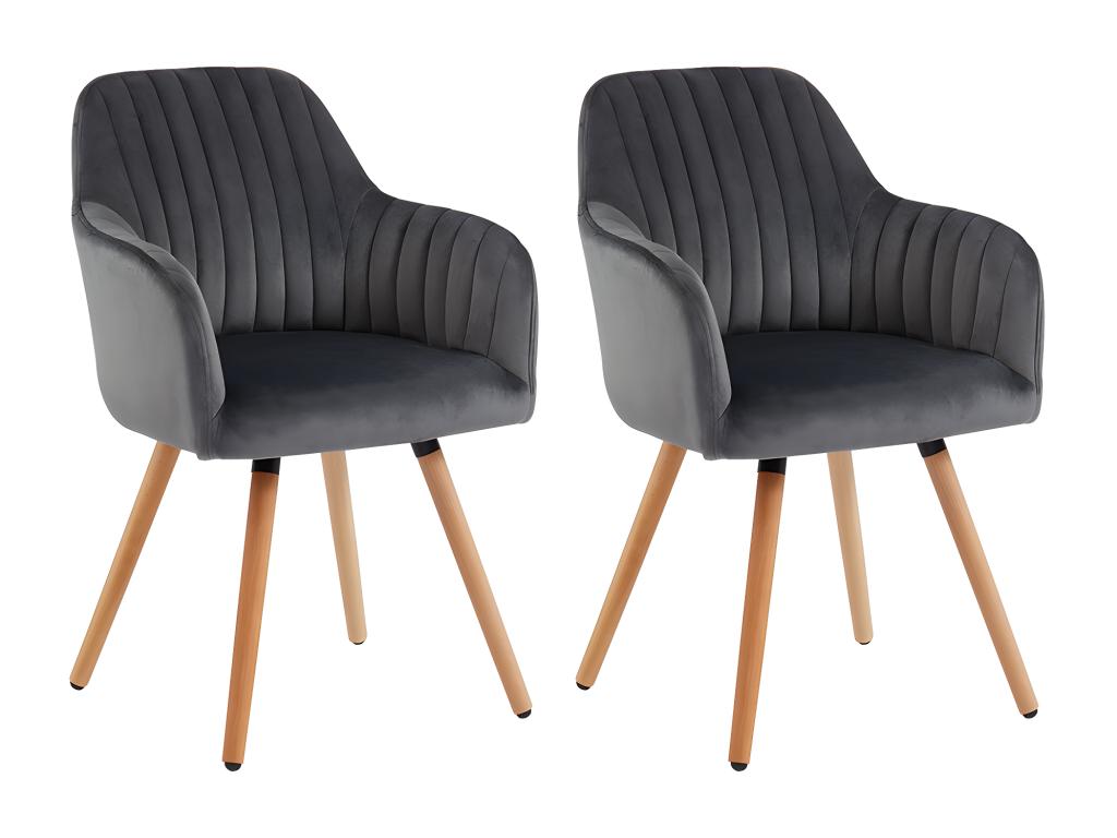 Stuhl mit Armlehnen 2er-Set - Samt & Metall in Holzoptik - Grau - ELEANA günstig online kaufen