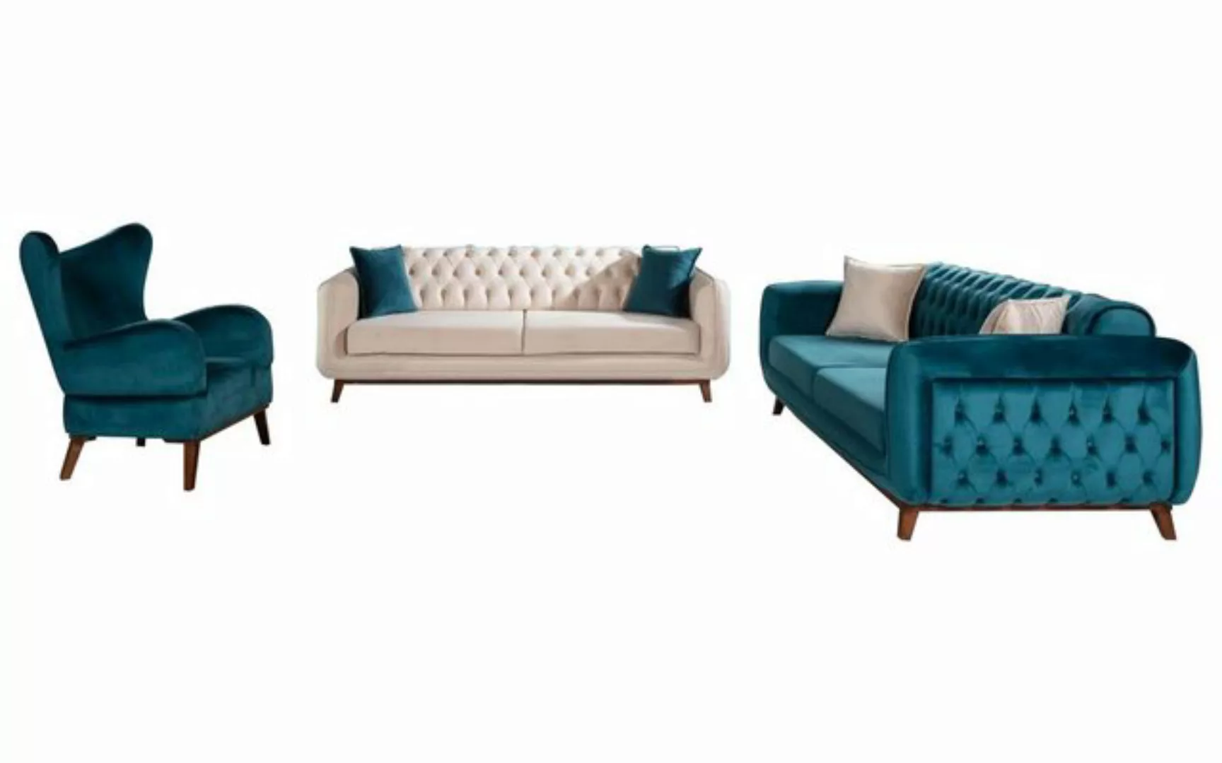 JVmoebel Sofa Polster Couch Garnitur Stoff Sofas Set 3tlg 3+3+1 Chesterfiel günstig online kaufen