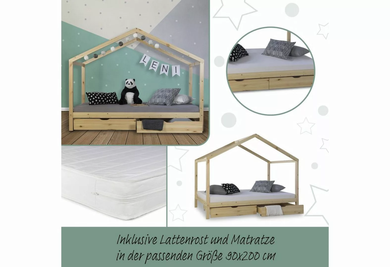 Homestyle4u Kinderbett Hausbett 90x200 cm + Matratze Kinderhaus Spielbett H günstig online kaufen