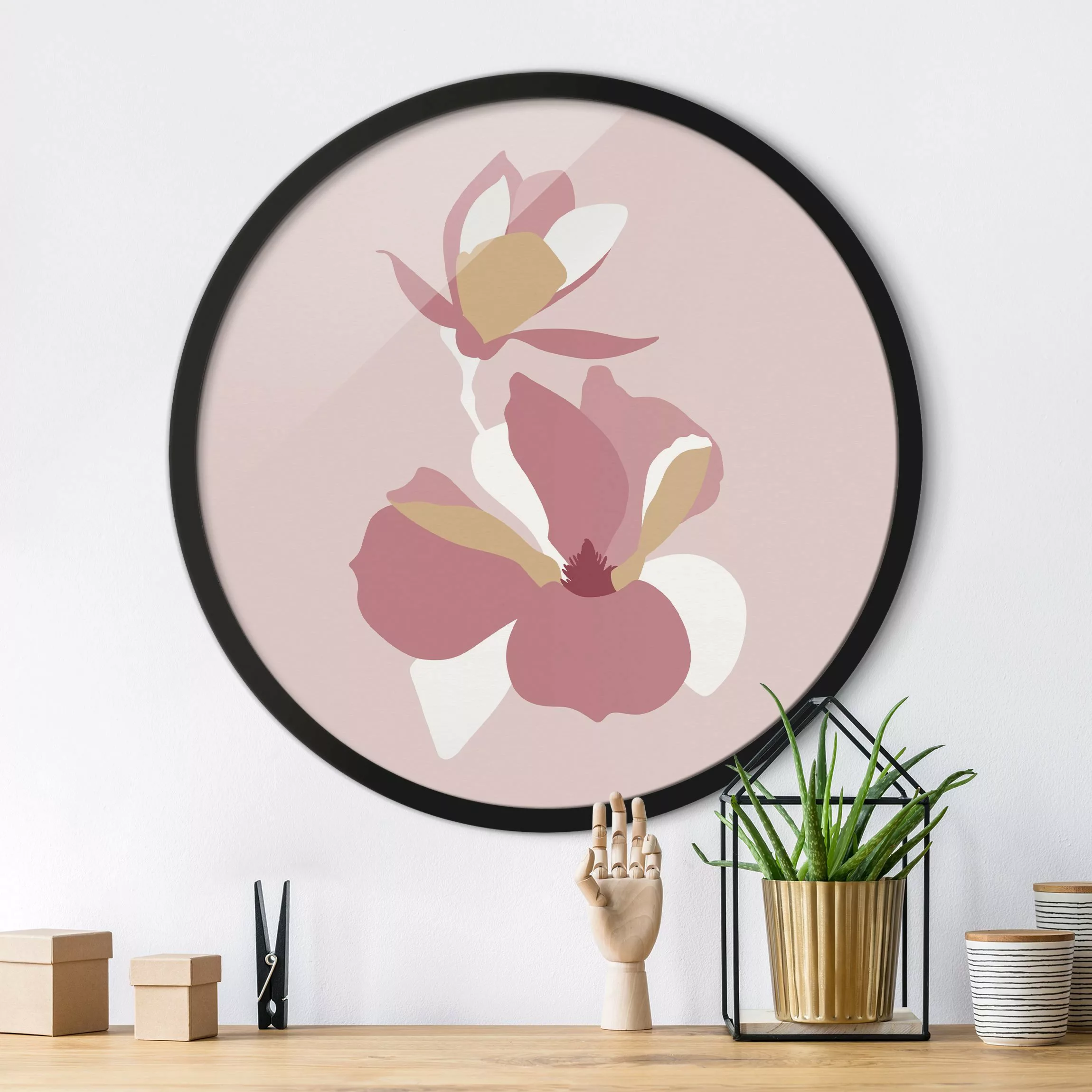 Rundes Gerahmtes Bild Line Art Blüten Pastell Rosa günstig online kaufen