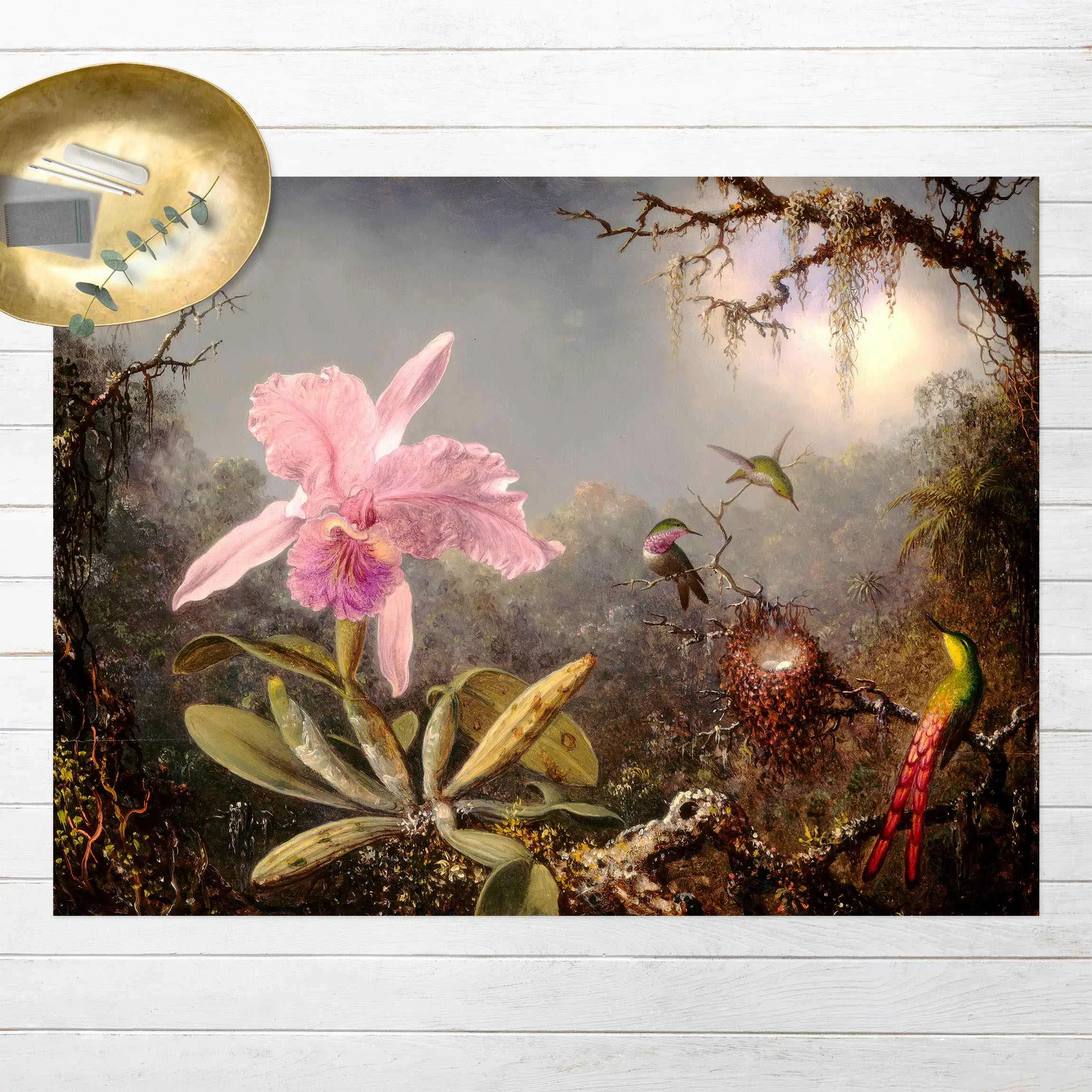 Vinyl-Teppich Martin Johnson Heade - Orchidee und drei Kolibris günstig online kaufen