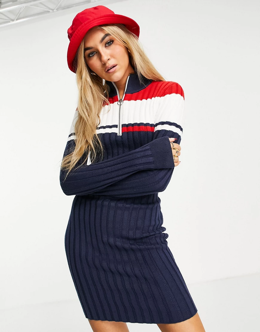 Tommy Jeans – Geripptes Kleid mit Reißverschluss und buntem Farbblockdesign günstig online kaufen