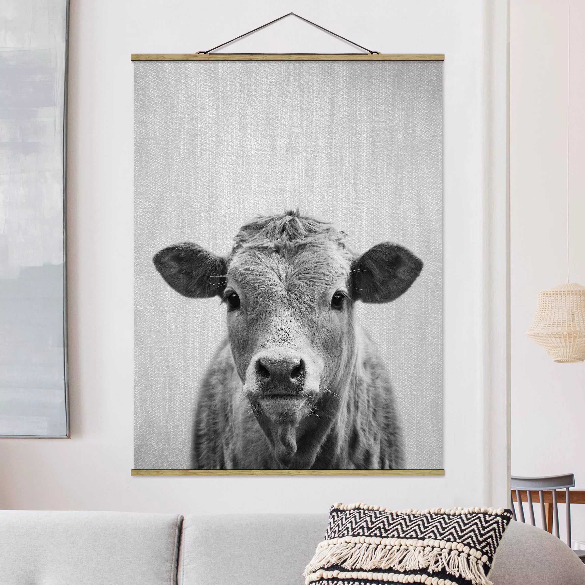 Stoffbild mit Posterleisten Kuh Kathrin Schwarz Weiß günstig online kaufen