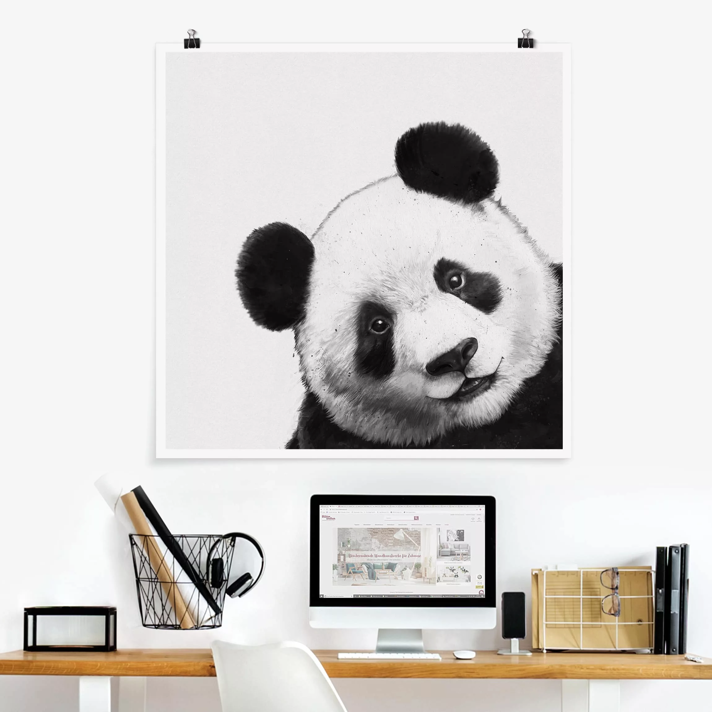 Poster Tiere - Quadrat Illustration Panda Schwarz Weiß Malerei günstig online kaufen