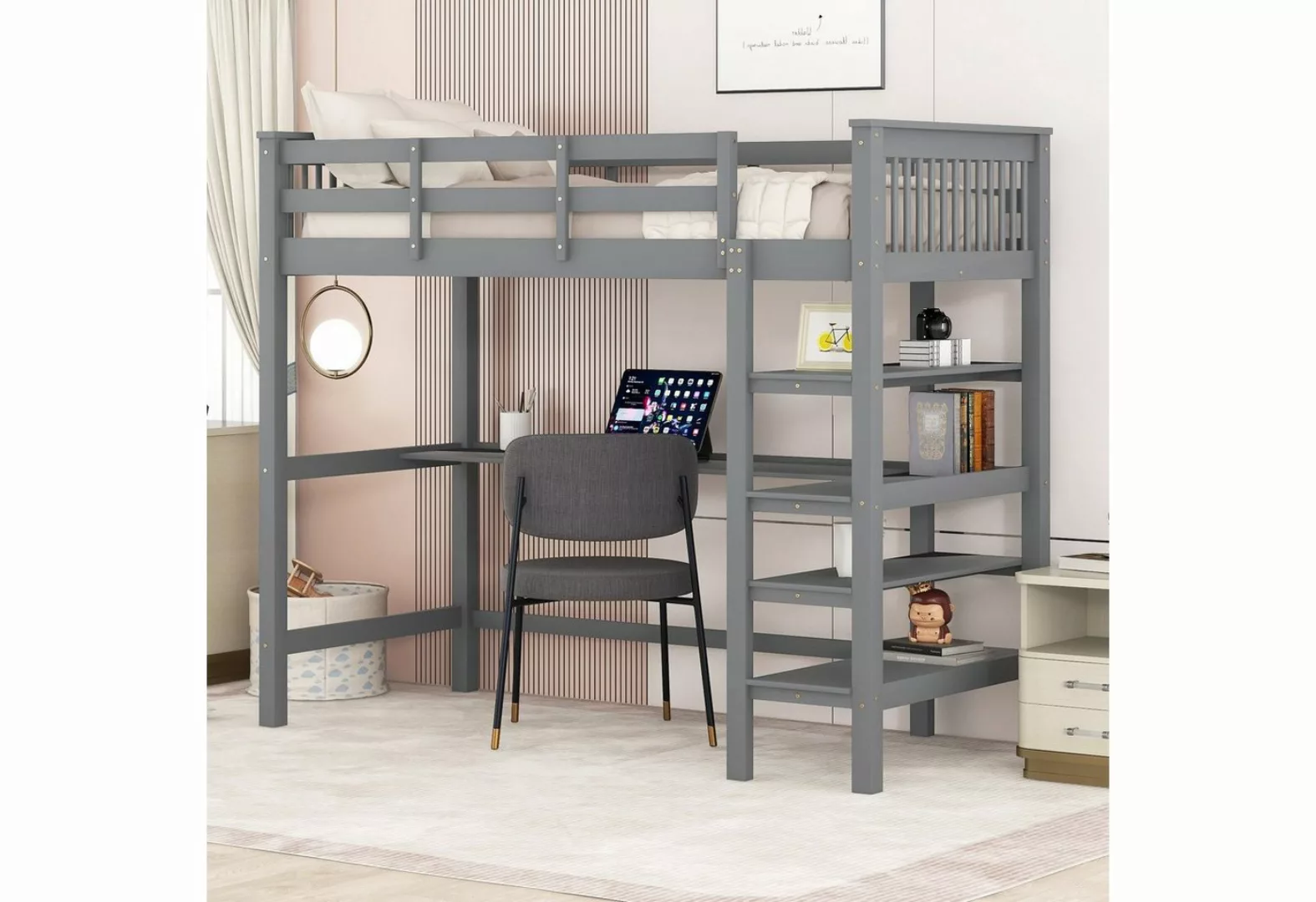 Merax Hochbett mit Schreibtisch und Bücherregal Etagenbett 90x200 cm mit Tr günstig online kaufen