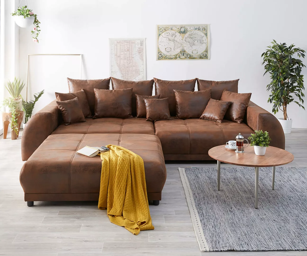 Big-Sofa Violetta 310x135 Braun Antik Optik Hocker Kissen günstig online kaufen