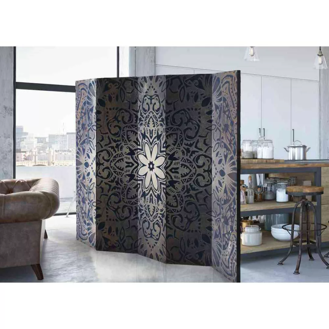 Design Paravent in Silberfarben und Blau Mandala Motiv günstig online kaufen