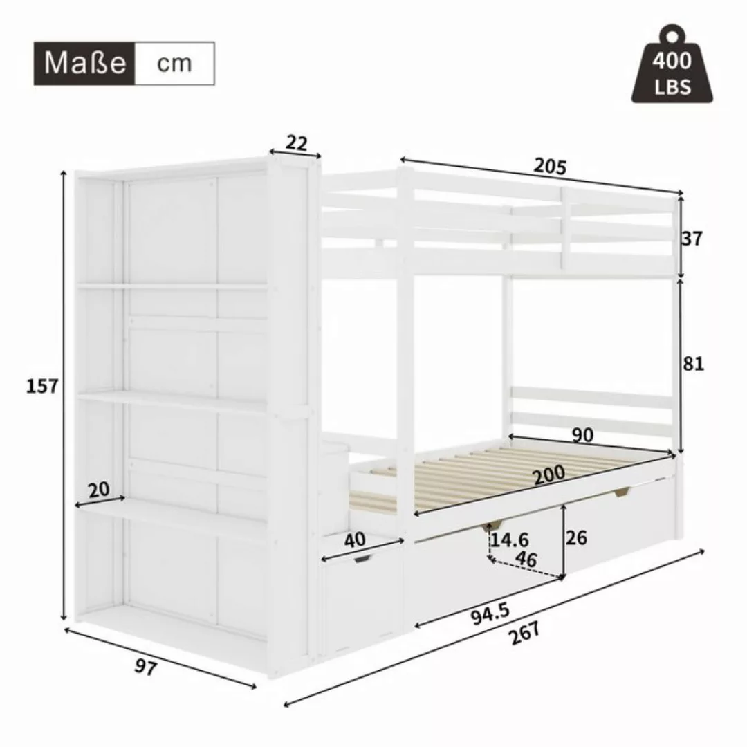 HAUSS SPLOE Etagenbett 90x200cm mit Lagerregal, Treppen, 2 Schubladen, Ohne günstig online kaufen