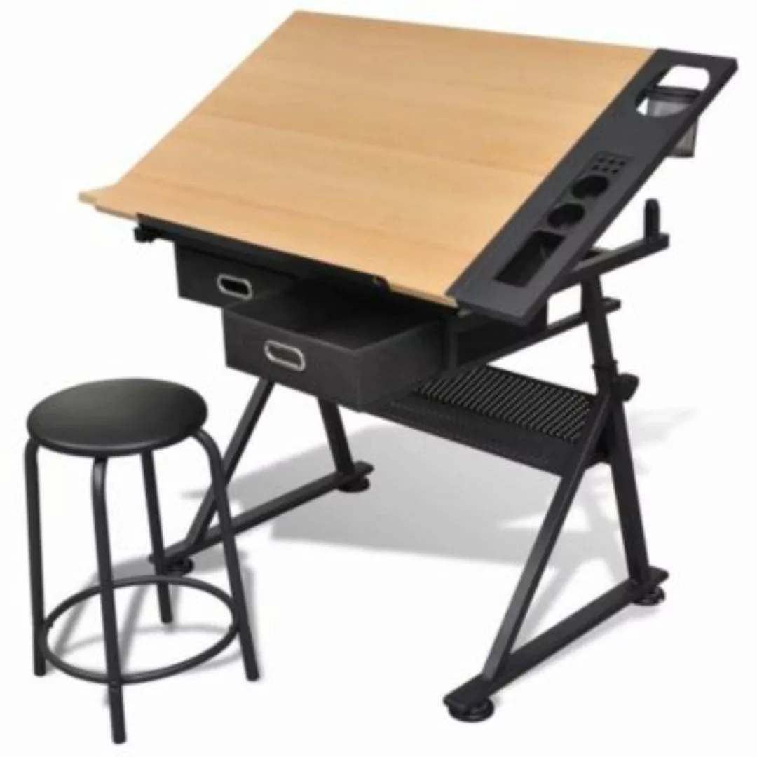 vidaXL Zeichentisch mit neigbarer Tischplatte 2 Schubladen und Hocker Schre günstig online kaufen