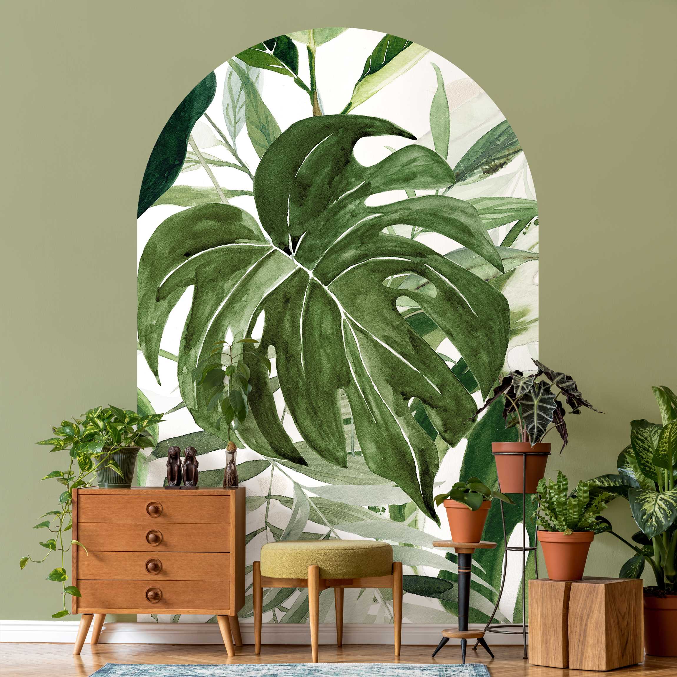 Rundbogen Tapete Aquarell Tropisches Arrangement mit Monstera günstig online kaufen