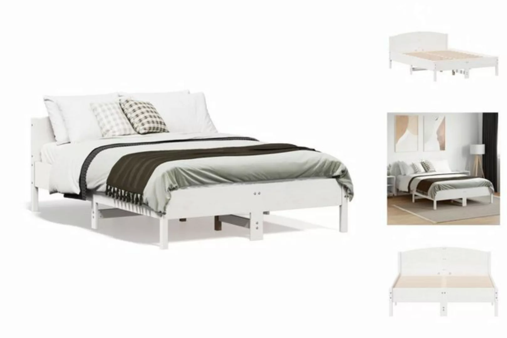 vidaXL Bettgestell Massivholzbett mit Kopfteil Weiß 135x190 cm Kiefer Bett günstig online kaufen
