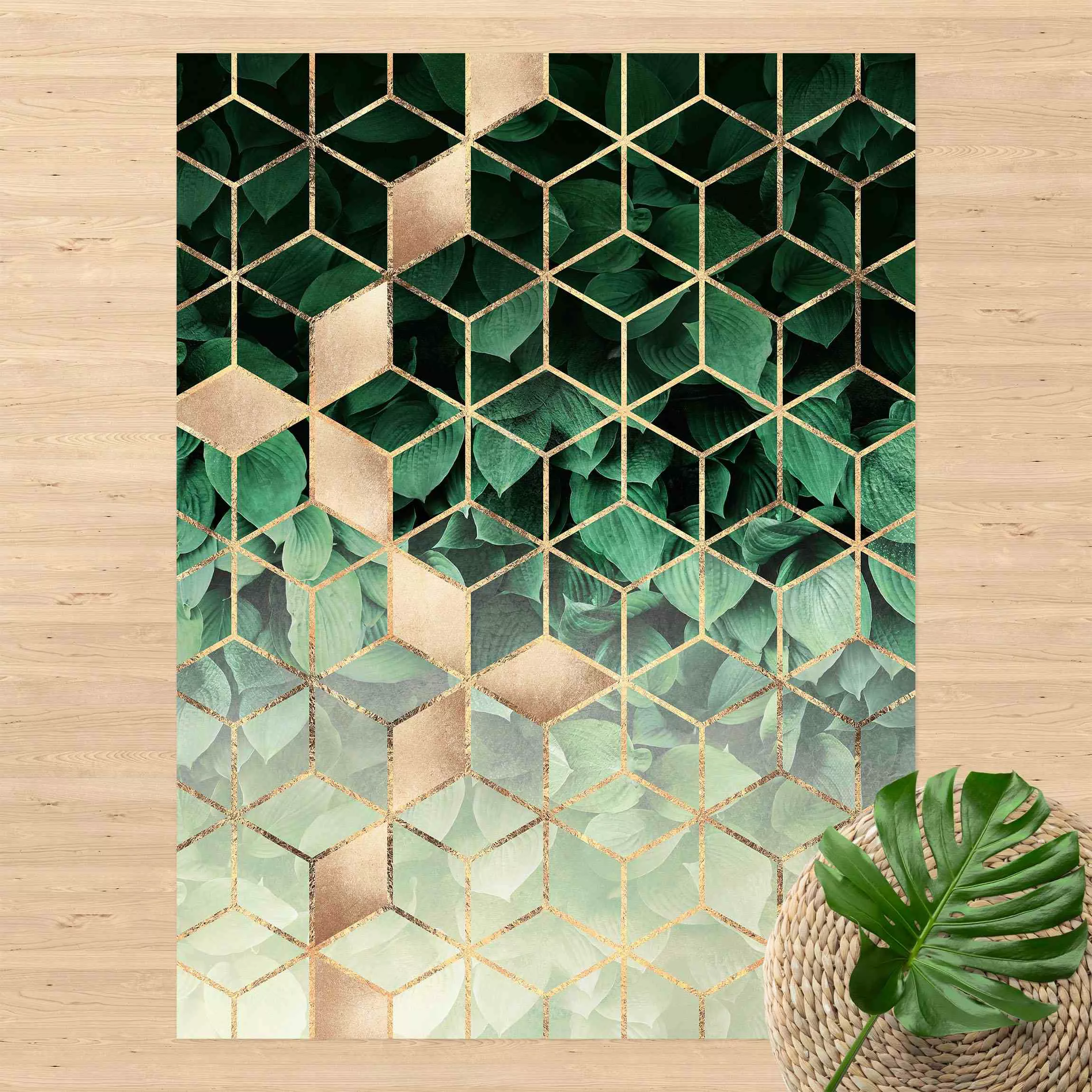 Vinyl-Teppich Grüne Blätter goldene Geometrie günstig online kaufen