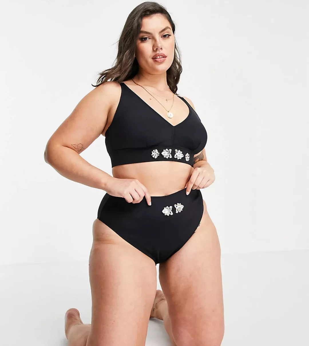 River Island Plus – Bikiniunterteil in Schwarz mit hohem Beinschnitt und Sc günstig online kaufen