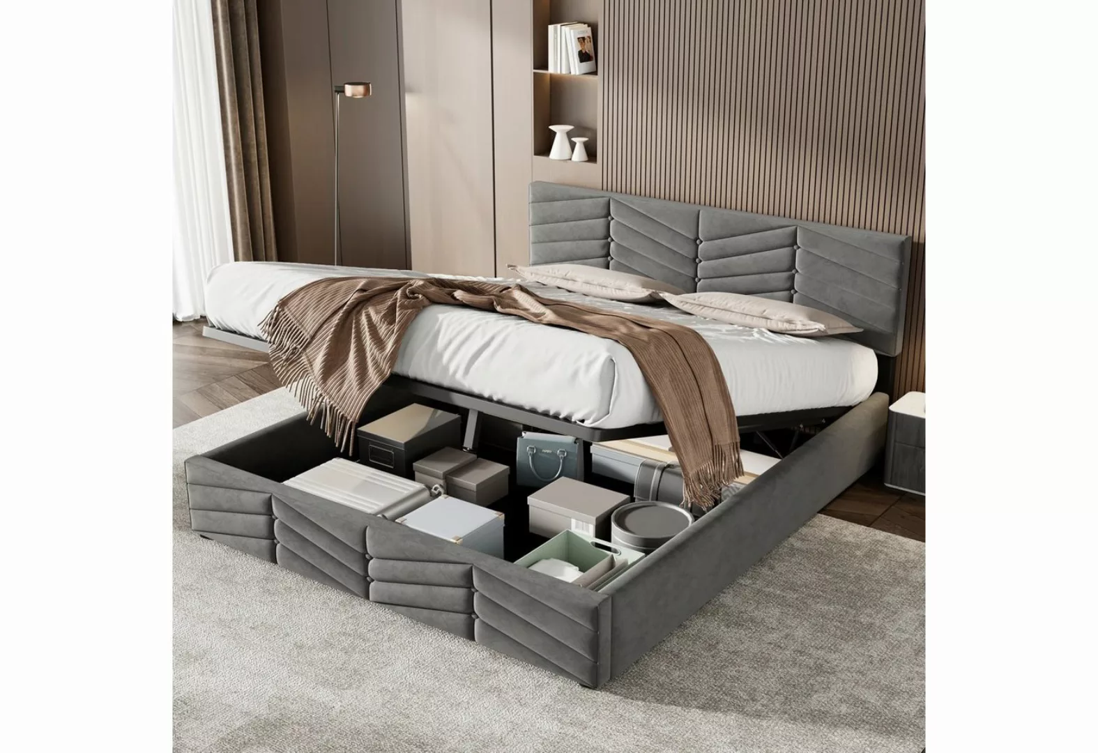 OKWISH Polsterbett Doppelbett Stauraumbett (140 x 200,Grau mit Lattenrost o günstig online kaufen