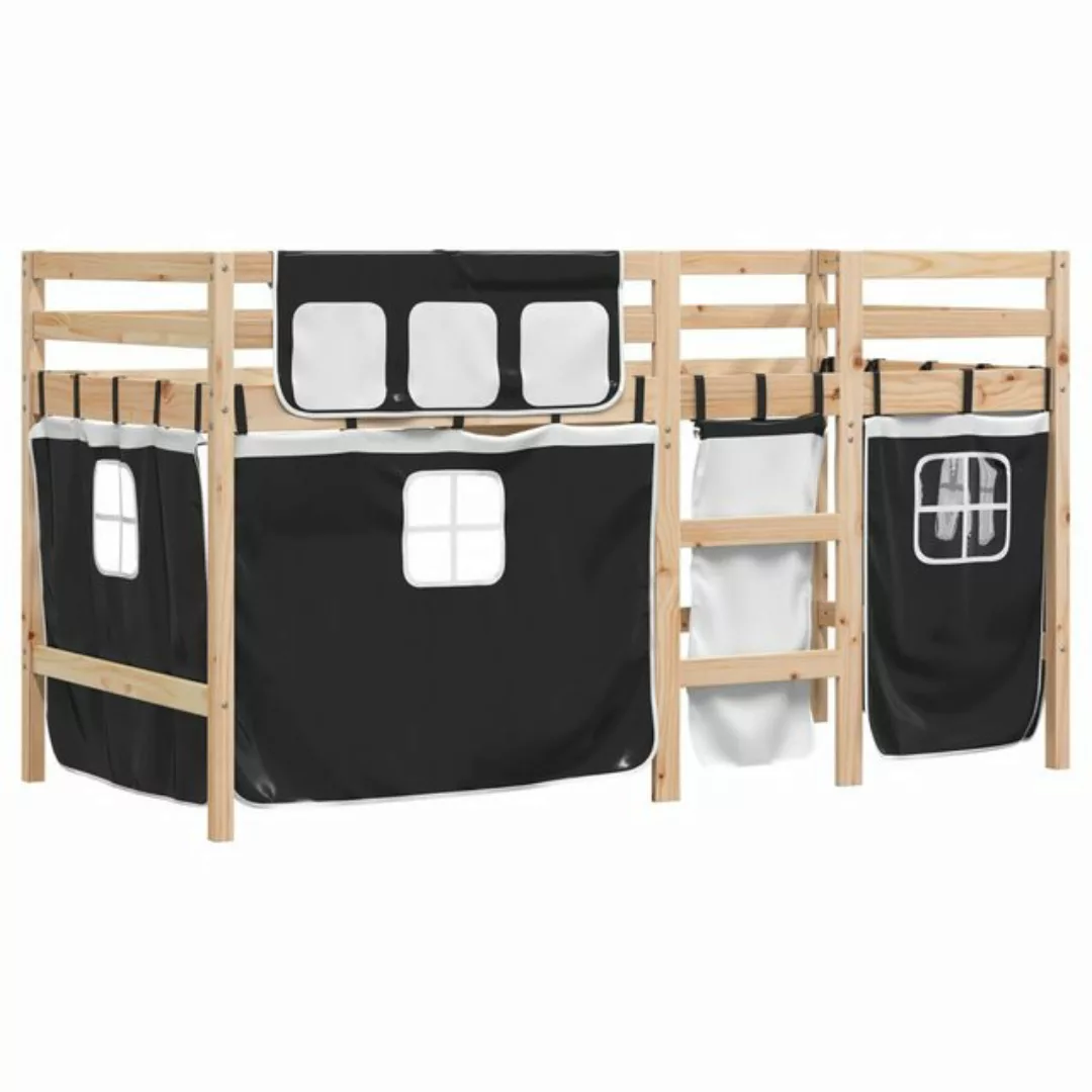 vidaXL Hochbett Kinderhochbett mit Vorhängen Weiß Schwarz 90x200 cm Kiefern günstig online kaufen