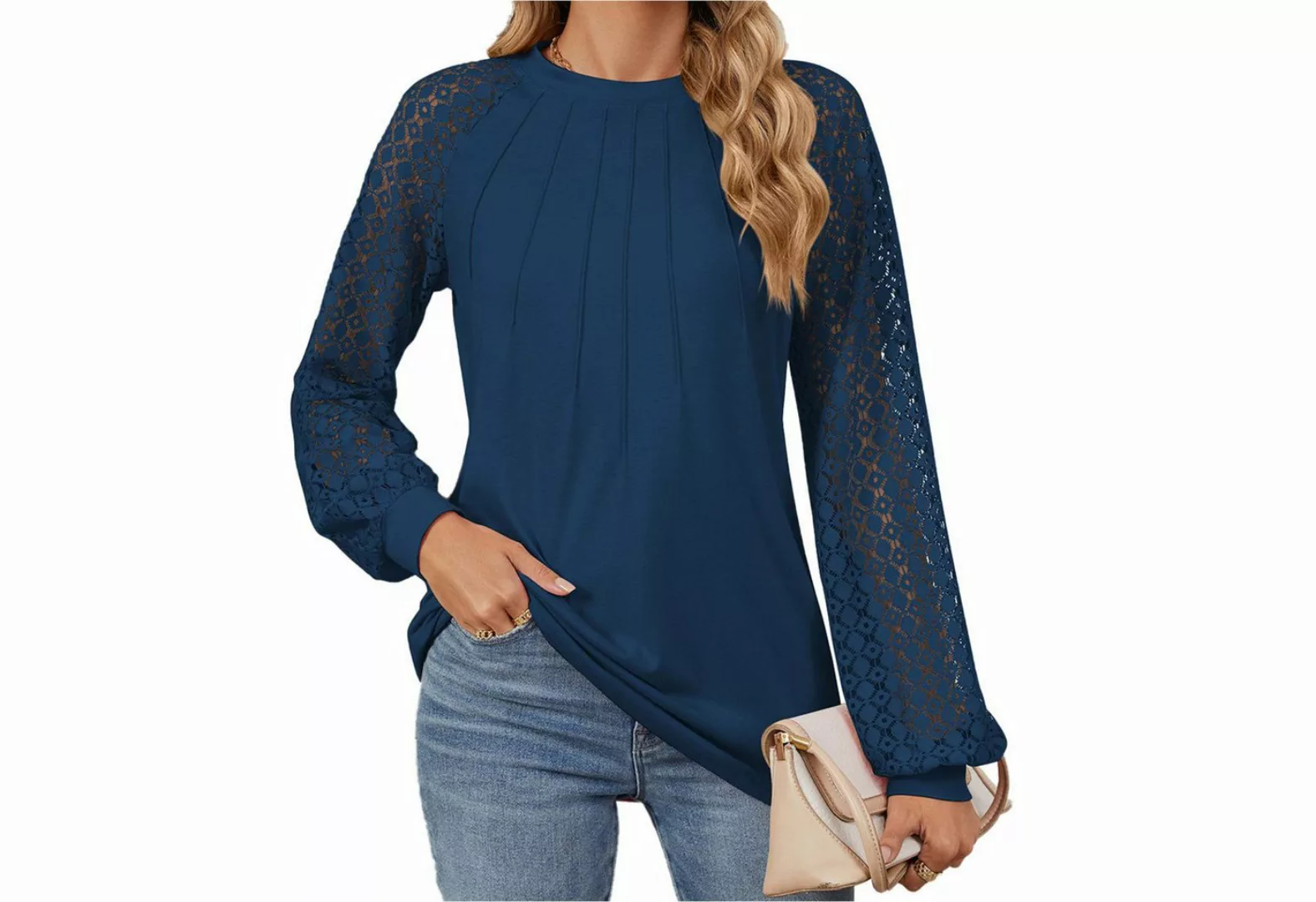 Zoclack Blusentop Damen Elegantes Langarmshirt Spitzenbluse Waffelstrick Ru günstig online kaufen