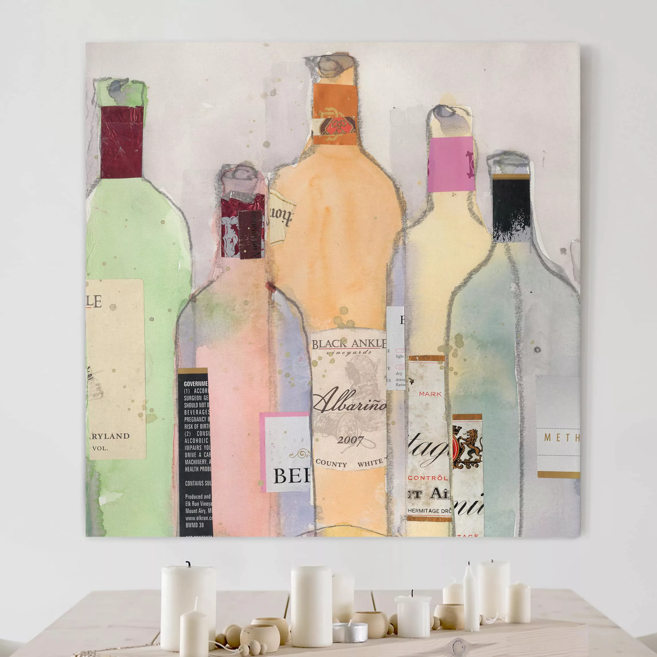 Leinwandbild Küche - Quadrat Weinflaschen in Wasserfarbe II günstig online kaufen