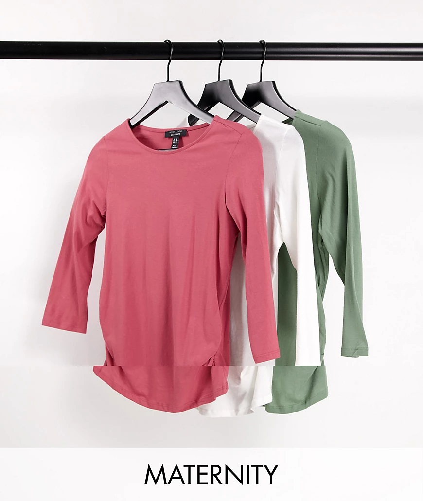 New Look Maternity – T-Shirt in Schwarz/Rosa/Khaki mit Dreiviertelärmeln im günstig online kaufen