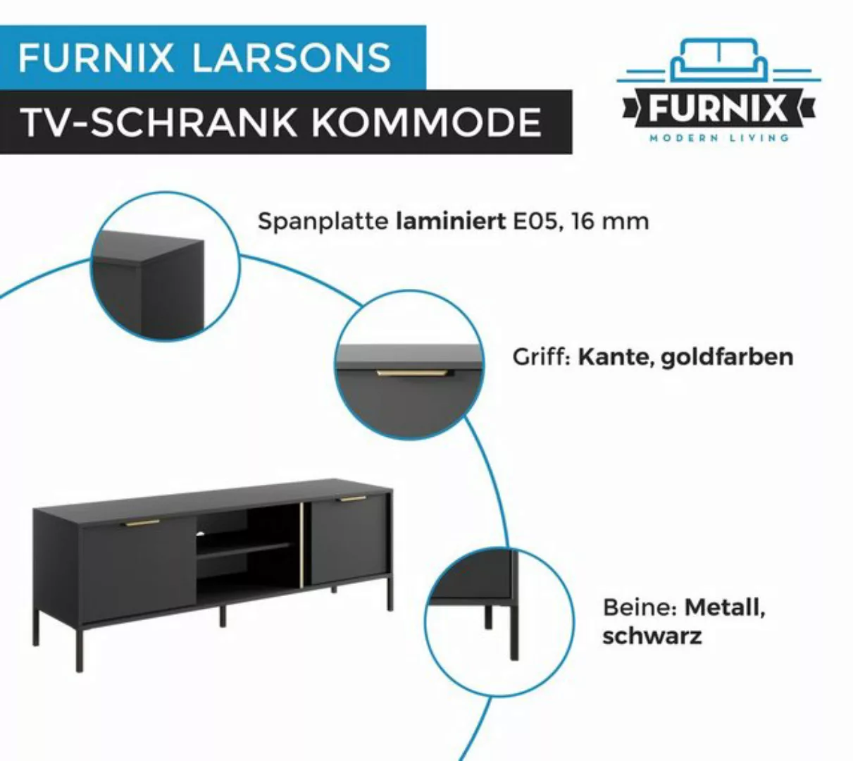 Furnix TV-Schrank Fernsehtisch LARSONS RTV153 G 2D Lowboard Kommode Anthraz günstig online kaufen