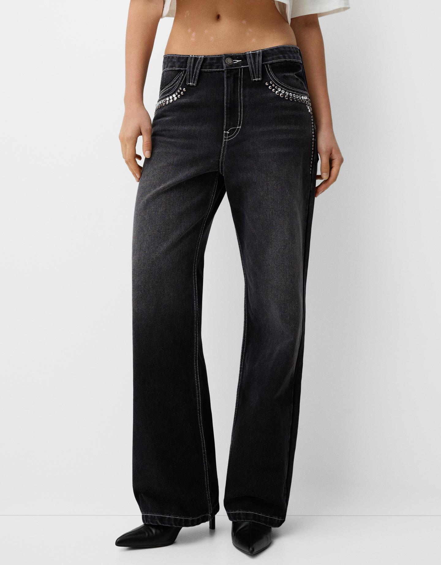 Bershka Wide-Leg 90'S Jeans Mit Nieten Damen 34 Schwarz günstig online kaufen