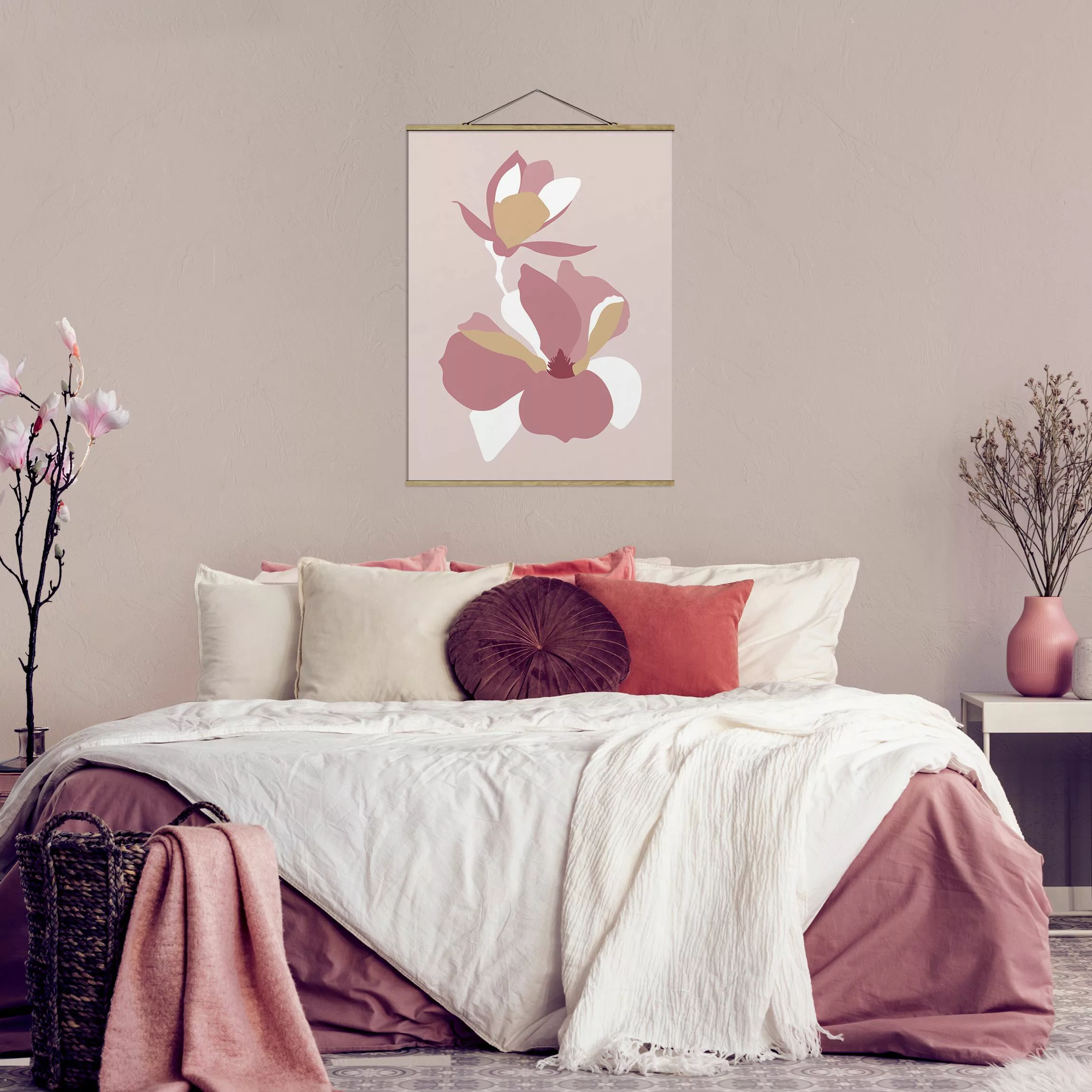 Stoffbild Blumen mit Posterleisten - Hochformat Line Art Blüten Pastell Ros günstig online kaufen