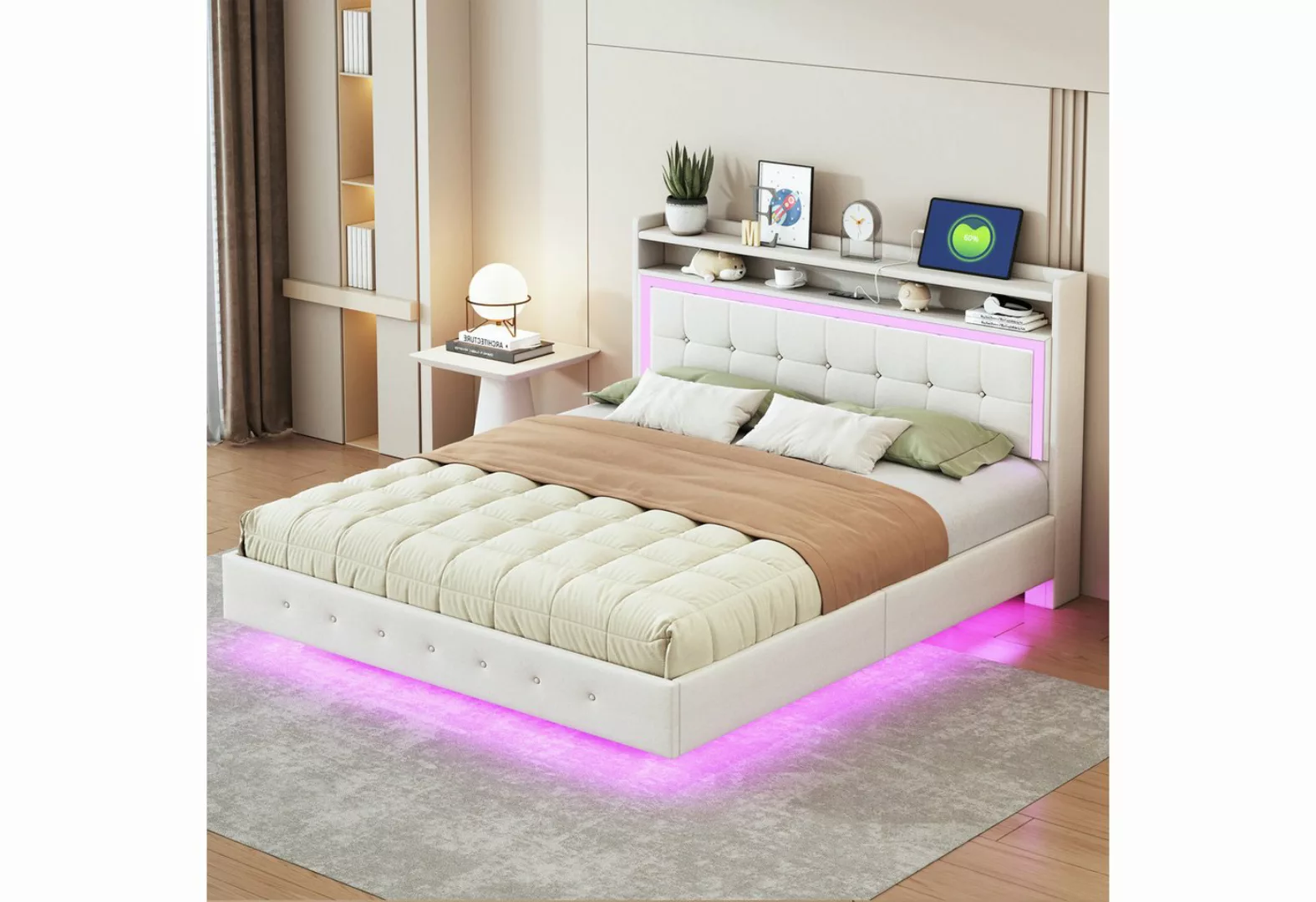 Gotagee Polsterbett Jugendbett LED Doppelbett mit USB-Steckdose Gästebett P günstig online kaufen