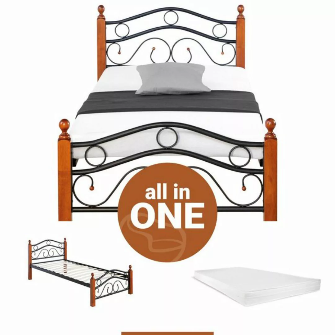 Homestyle4u Metallbett 90x200 Einzelbett cm mit Matratze Lattenrost Bett günstig online kaufen