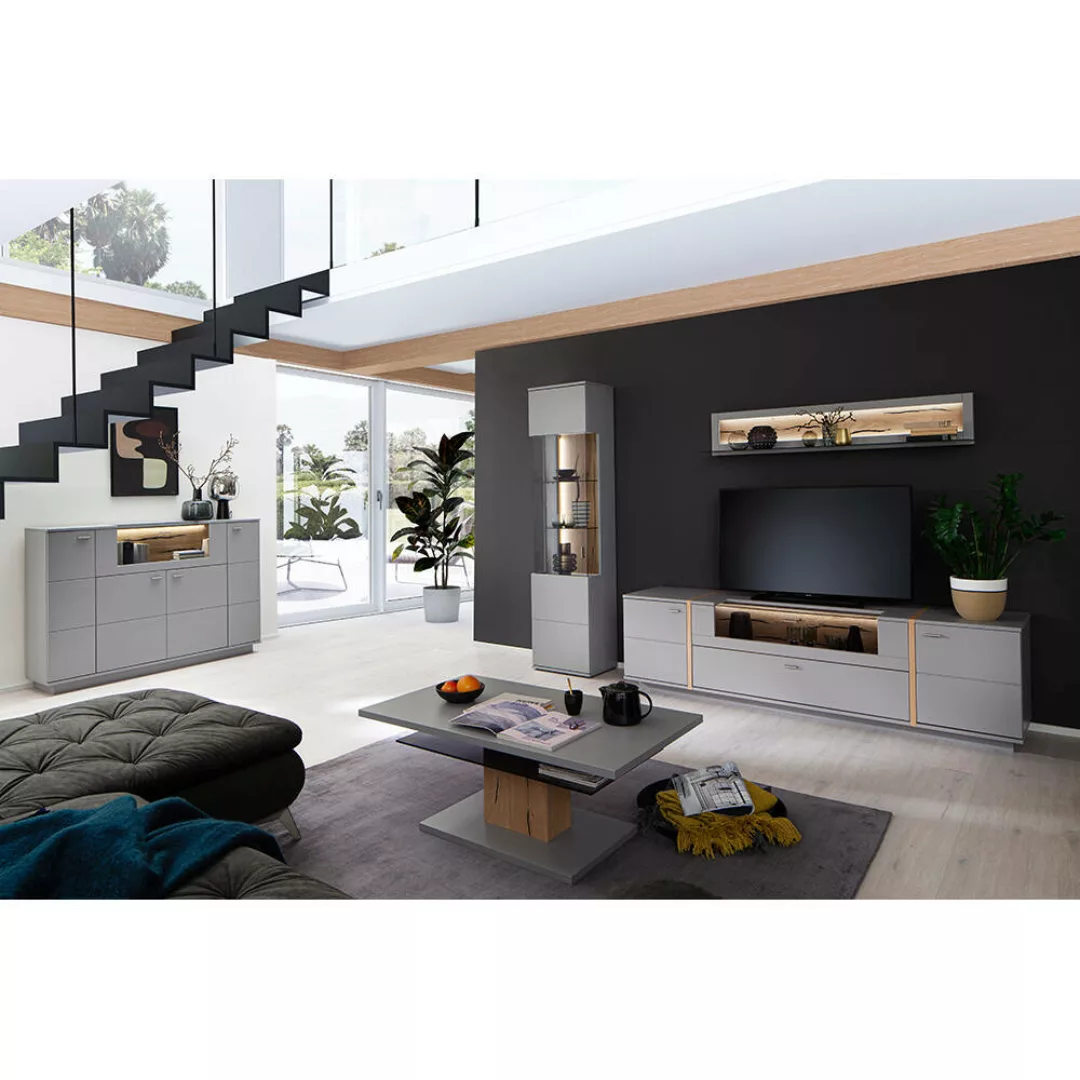 Wohnzimmer Set SAVANNAH-05 mit LED in grau lackiert mit Eiche inkl. Couchti günstig online kaufen