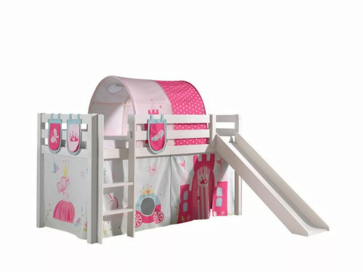 Natur24 Kinderbett Spielbett Pino mit Rutsche und Textilset Kiefer Weiß günstig online kaufen