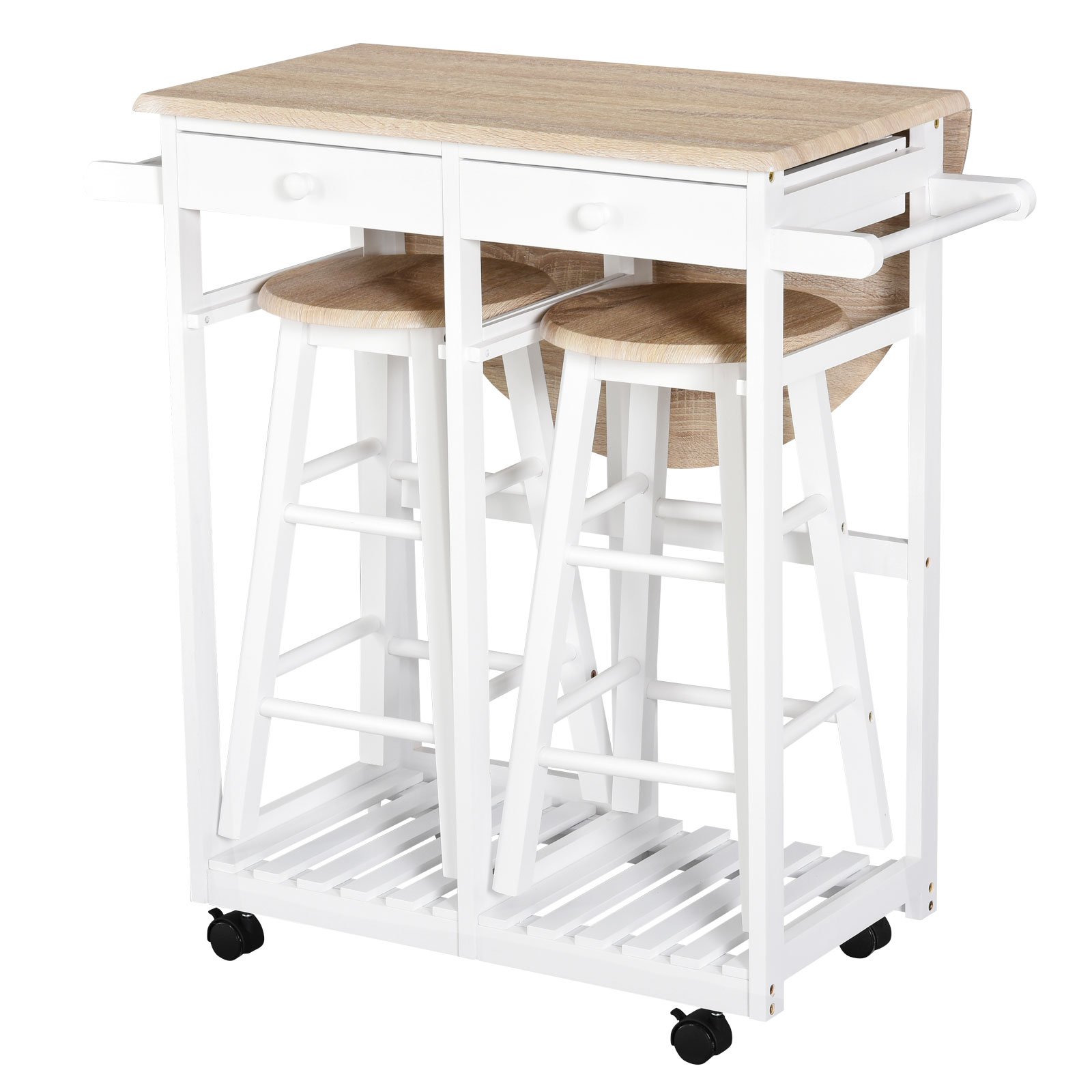 HOMCOM Bartisch-Set Klappbar auf Rollen mit Regal und 2 Schubladen + 2 Hock günstig online kaufen