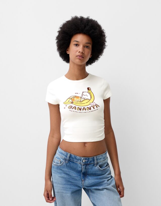 Bershka T-Shirt Bananya Mit Kurzen Ärmeln Damen M Grbrochenes Weiss günstig online kaufen