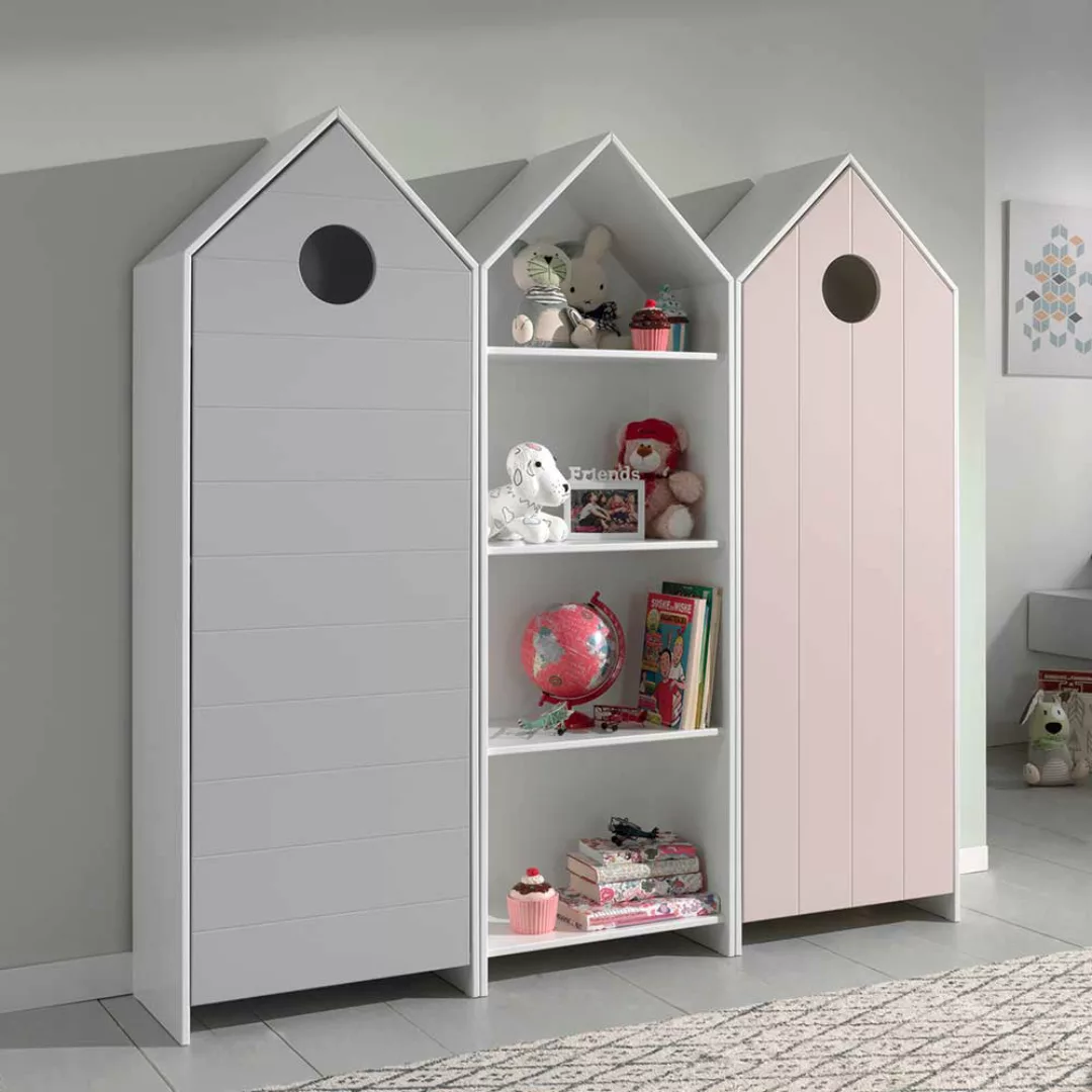 Kinderkleiderschrank Set in Grau und Rosa weißem Regal (dreiteilig) günstig online kaufen