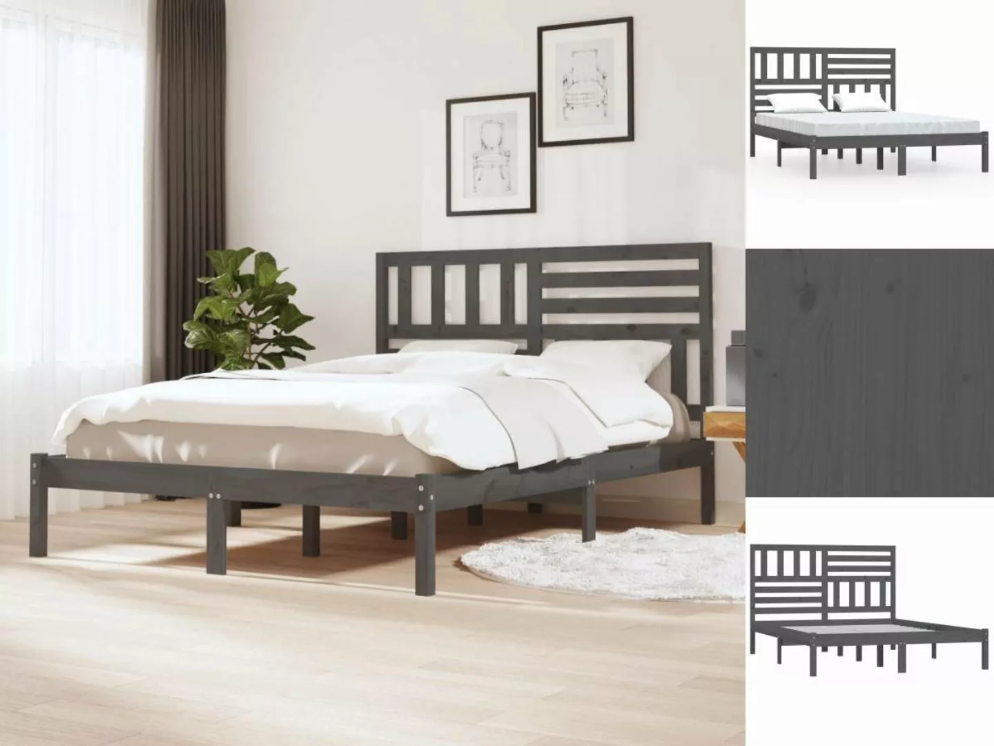 vidaXL Bettgestell Massivholzbett Grau Kiefer 135x190 cm 4FT6 Double Bett B günstig online kaufen