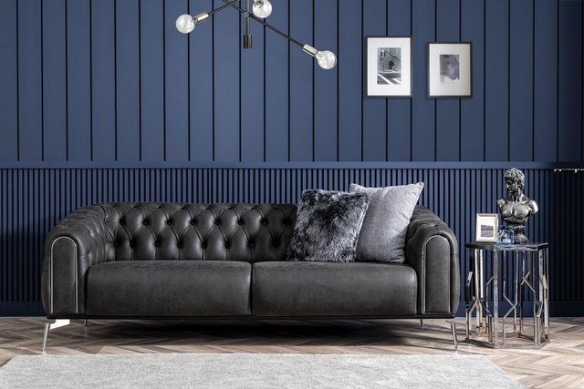 Xlmoebel Sofa Schwarzes Chesterfield-Kunstledersofa für vier Personen im Wo günstig online kaufen