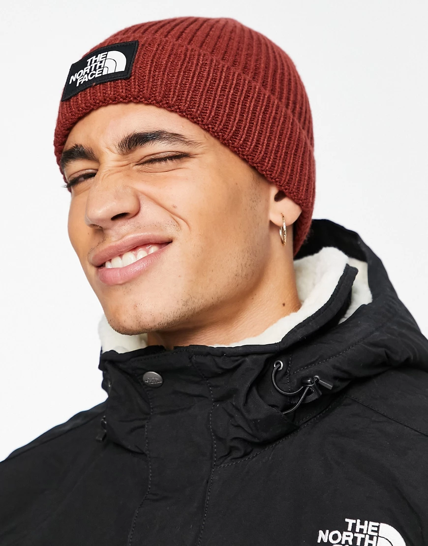 The North Face – Strickmütze in Rot mit Logo und Umschlag günstig online kaufen